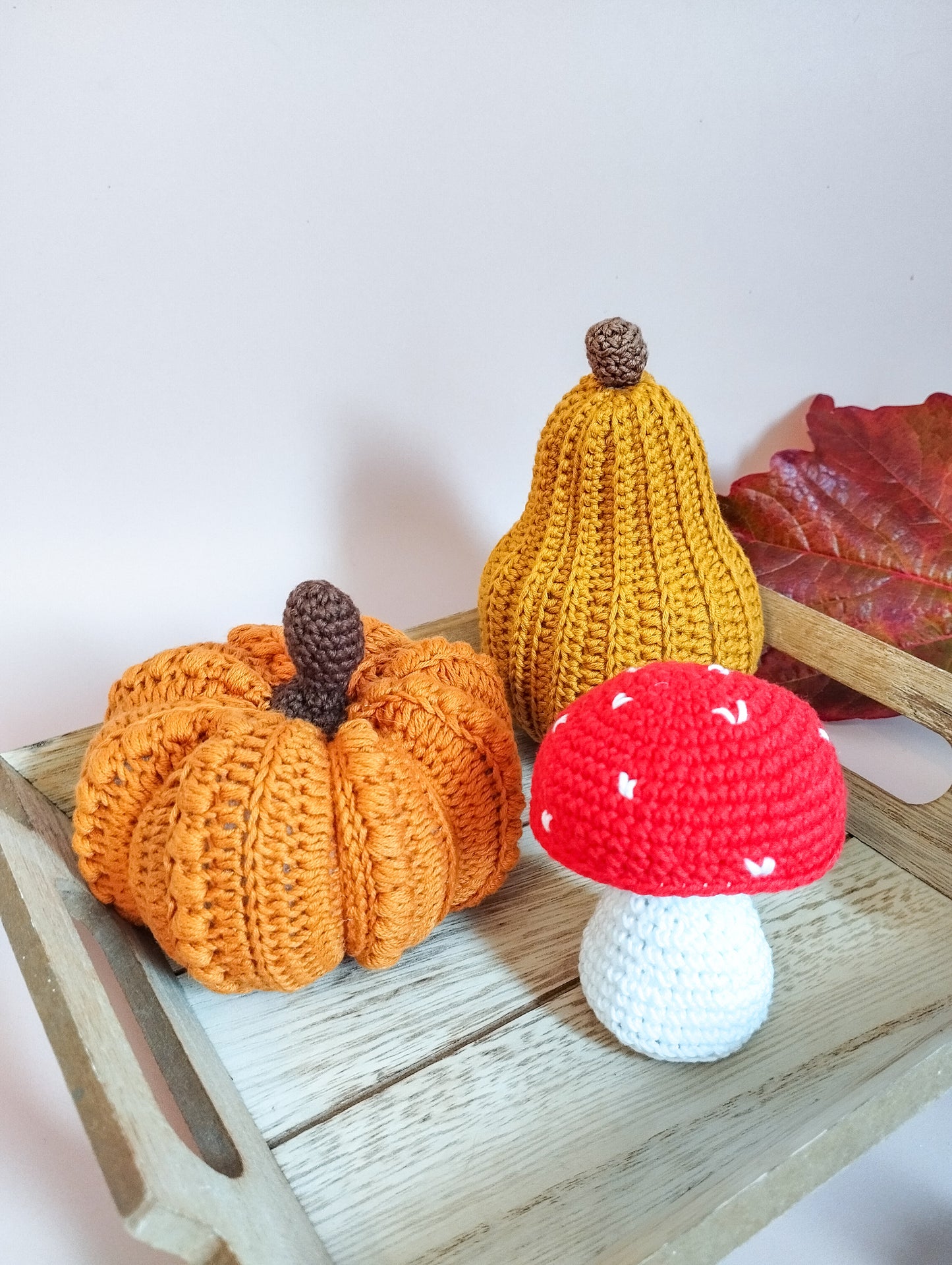 Trio de décorations d'automne au crochet: citrouille, champignon et courge