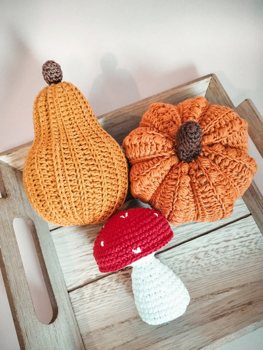 Trio de décorations d'automne au crochet: citrouille, champignon et courge