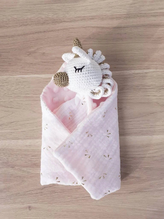 Doudou licorne, doudou plat licorne lange et crochet